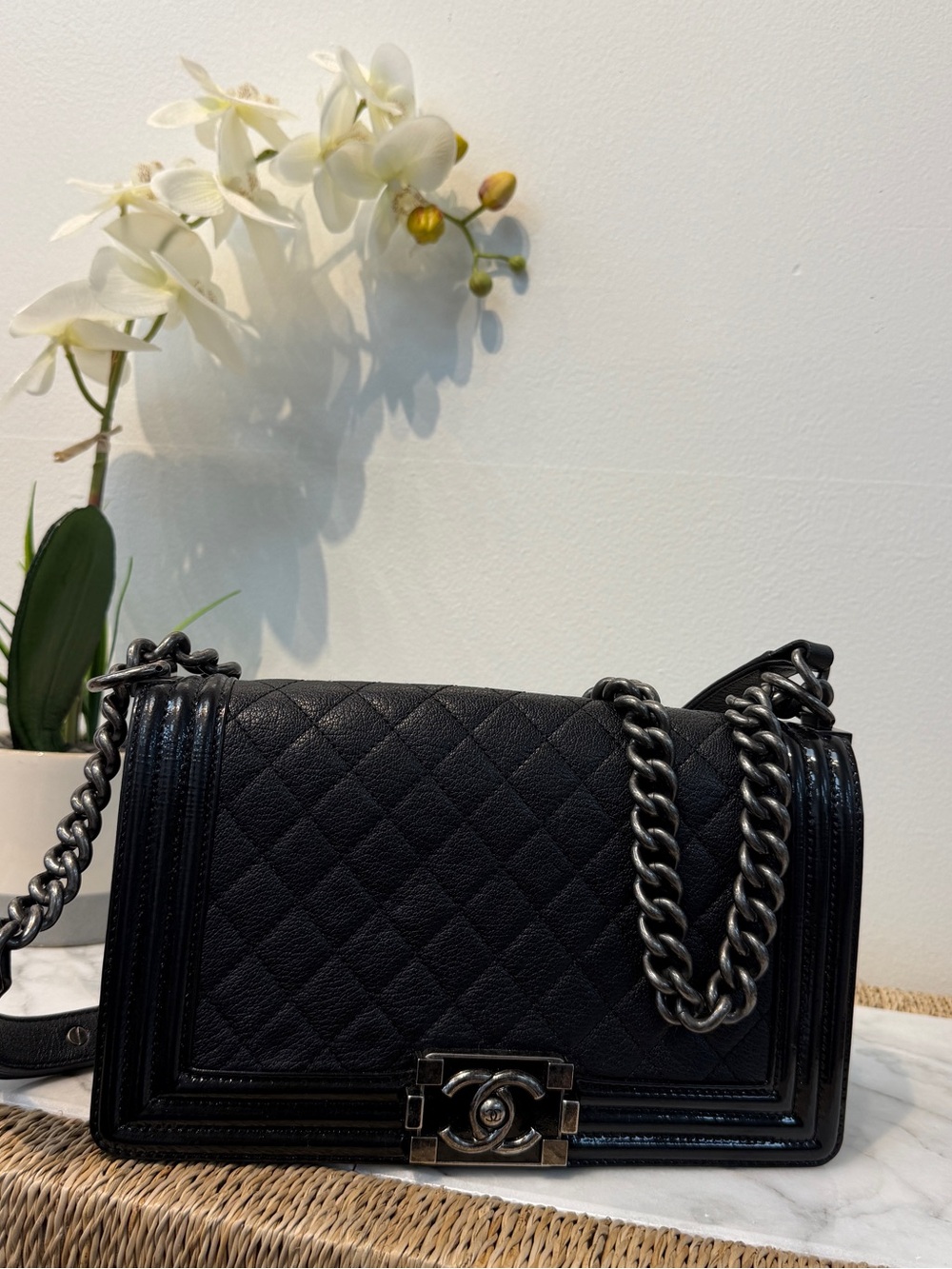 CHANEL Boy Black Quilted Caviar Leather Chain Shoulder Bag Ruthenium CC